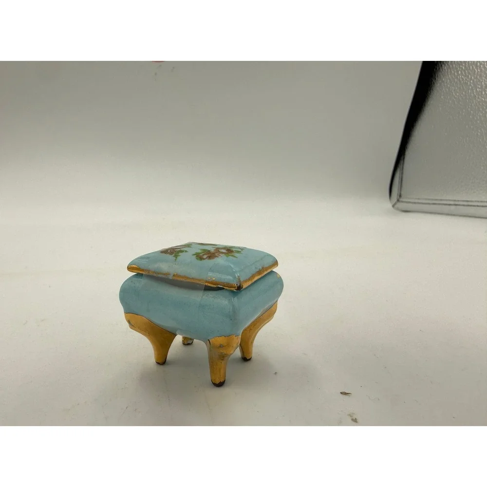 Trinket Box HandPainted Footed Miniature Blue Floral Porcelain Miniature Case